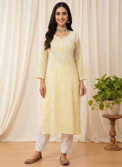 Yellow - Mul Chanderi Bahaar Chikankari Kurta With Slip
