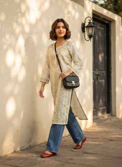 Off White With Beige - Bahaar Cotton Terry Voile Chikankari Kurta