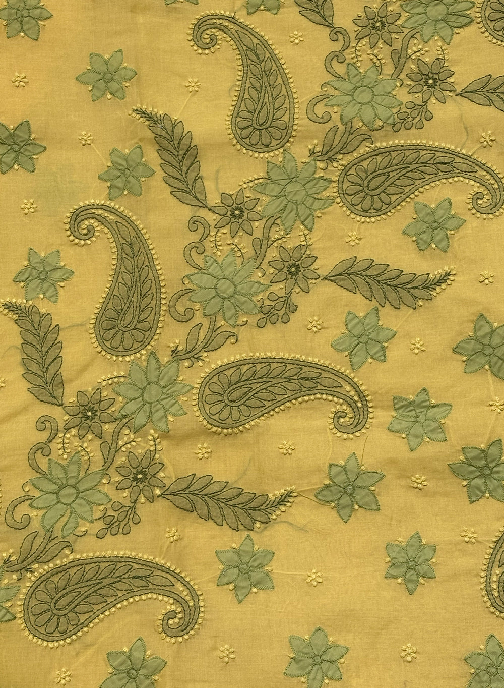 Yellow & Green Applique Work - Aks Cotton Terry Voile Chikankari Saree