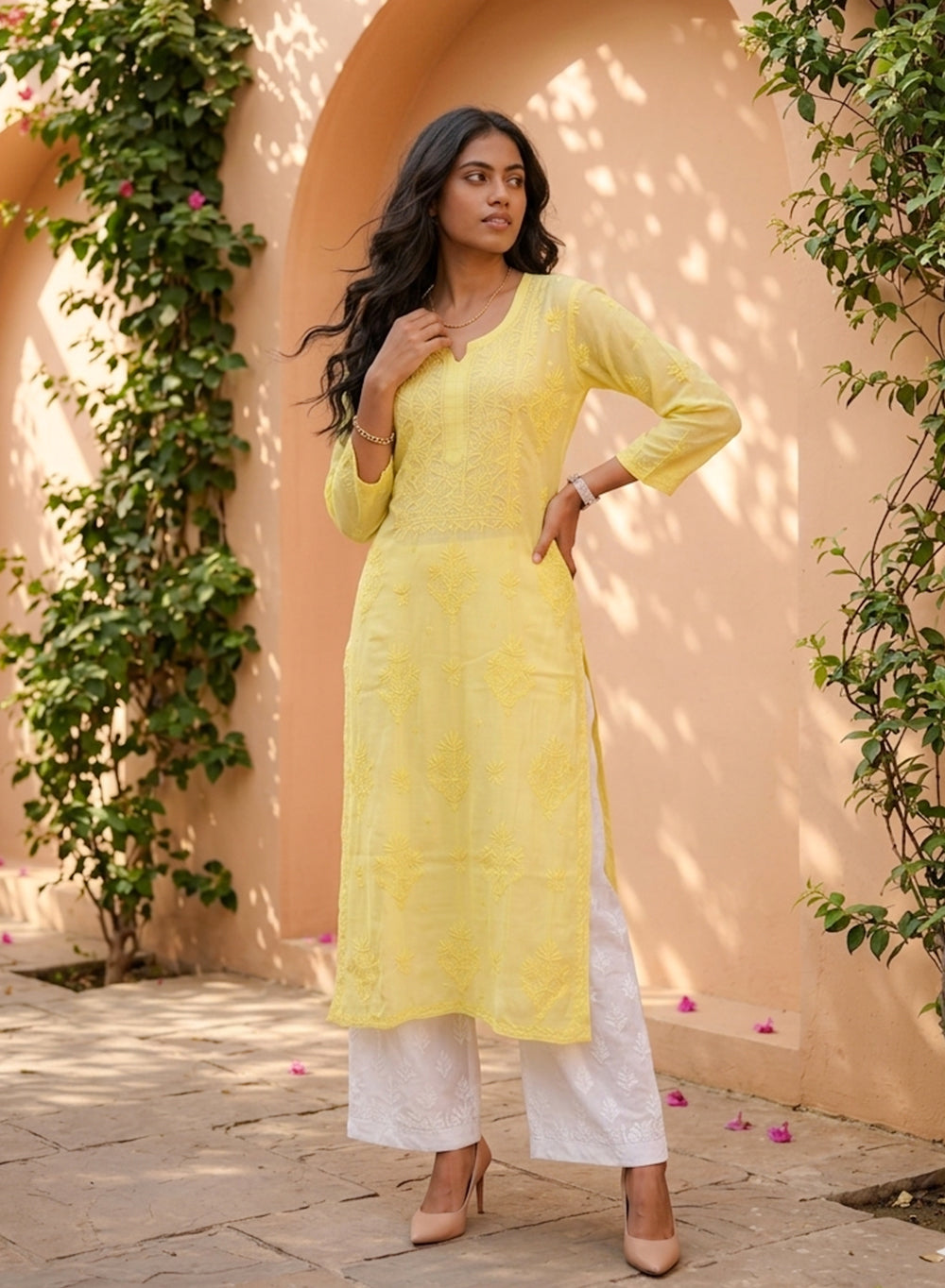 Lemon Yellow -  Anjuman Muslin Chikankari Kurta With Katdana