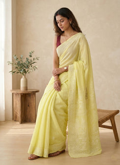 Fluorescent Green - Aks Cotton Terry Voile White Thread Embroidered Chikankari Saree