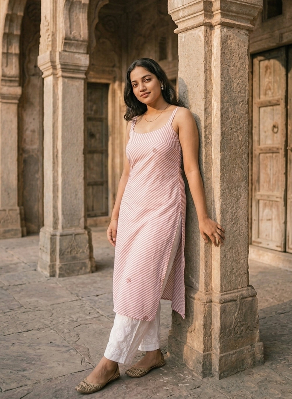 Surbhi Mauve Lehariya Kota - Bahaar Noodle Strap Chikankari Kurta