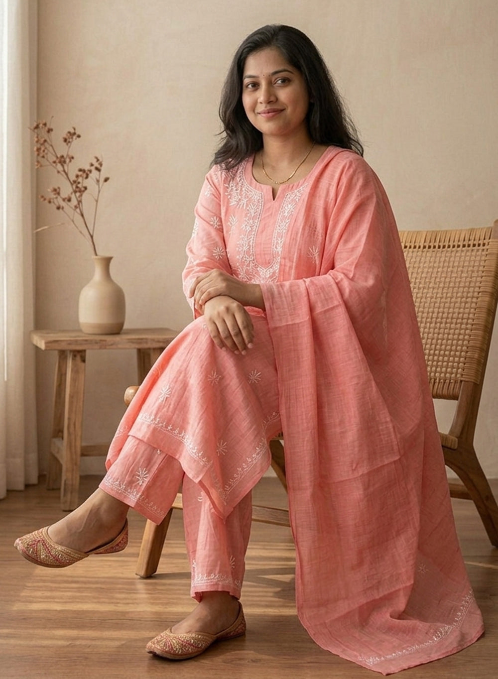 Peach Pink - Mul Chanderi Nargis Chikankari Set