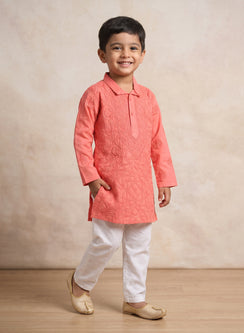 Peach Pink Front Jaal - Cotton Chikankari Kurta With Pajama