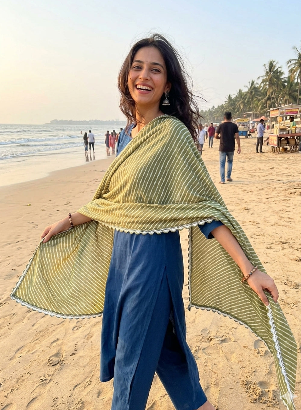 Olive Green Lehariya - Nazm Kota Cotton Chikankari Dupatta with Mukaish Work