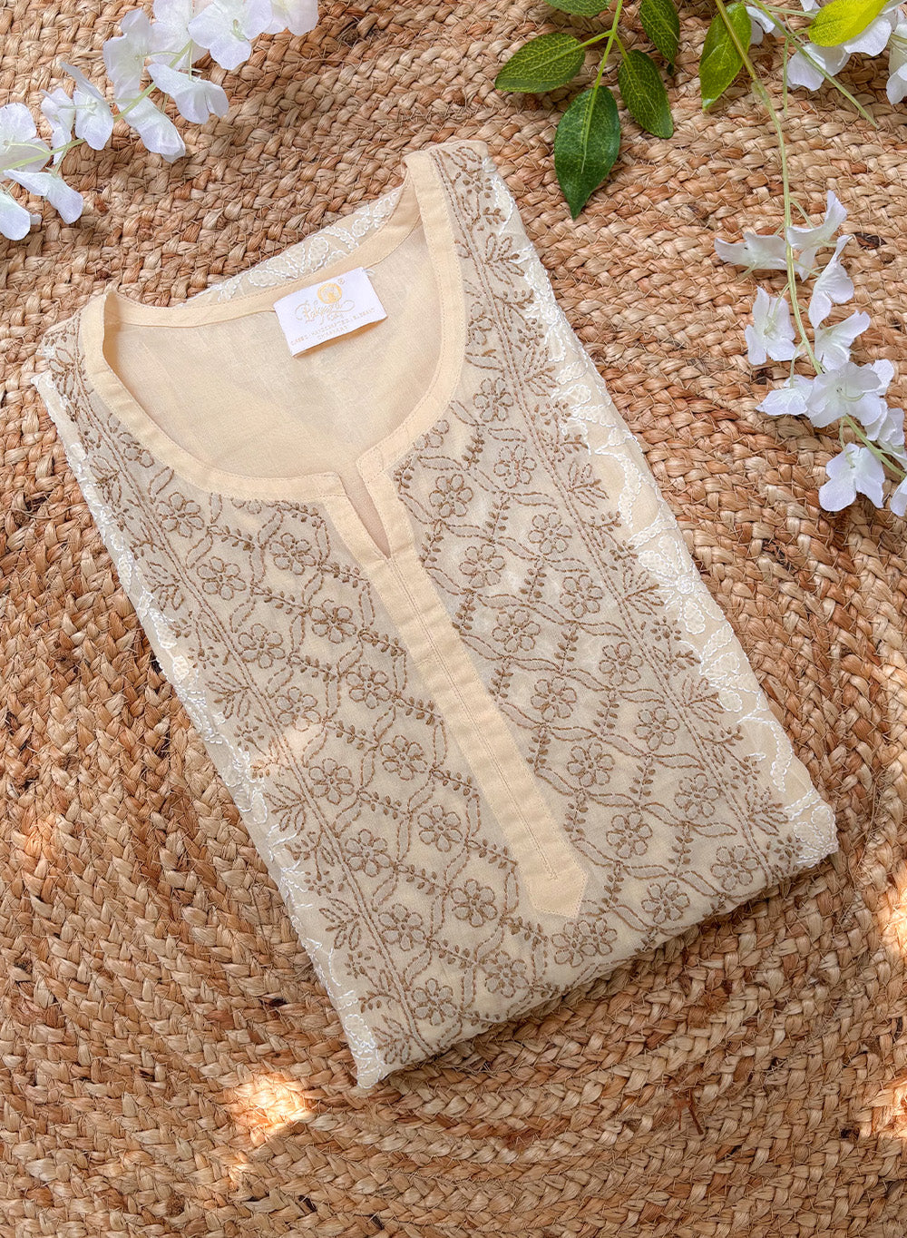 Beige - Cotton Terry Voile Bahaar Chikankari Kurta