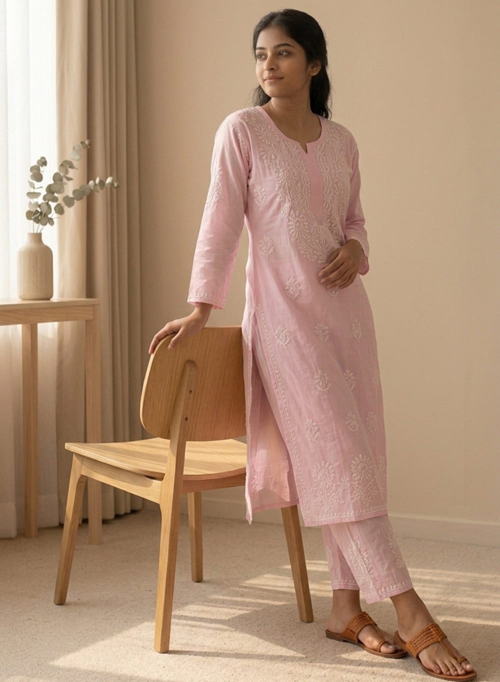 Baby Pink - Modal Nargis Chikankari Co-ords Set With White Thread Embroidery