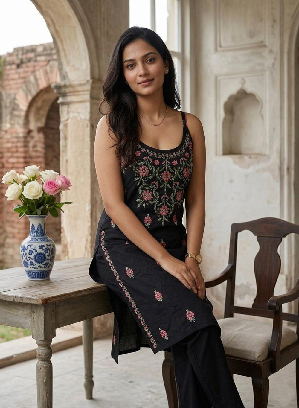 Black - Bahaar Mul Cotton Noodle Strap Chikankari Kurta With Multi-thread Embroidery