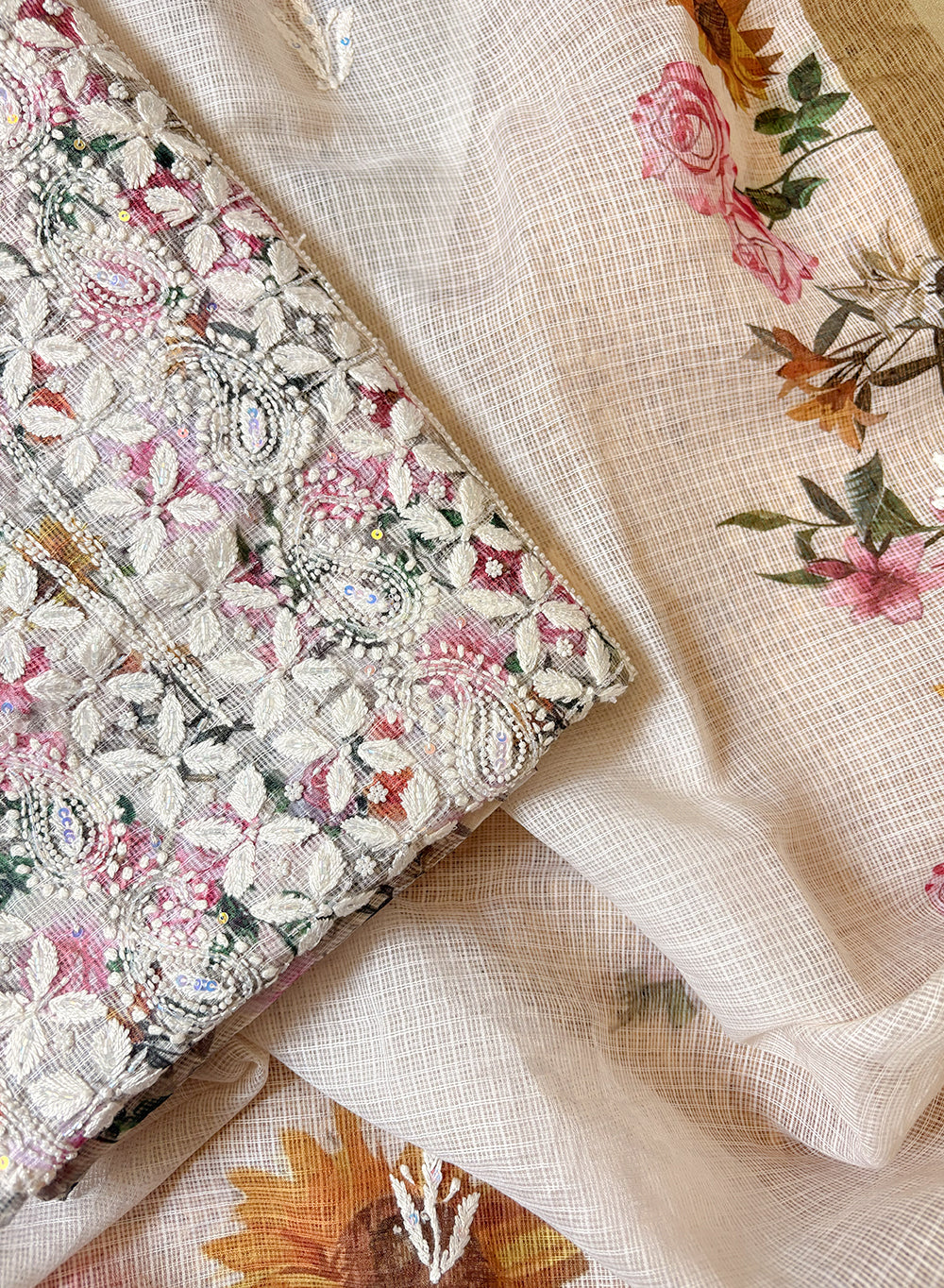 Pink & Yellow Multi-coloured  - Nayaab Katdana Kota Printed Chikankari Full Dress Set