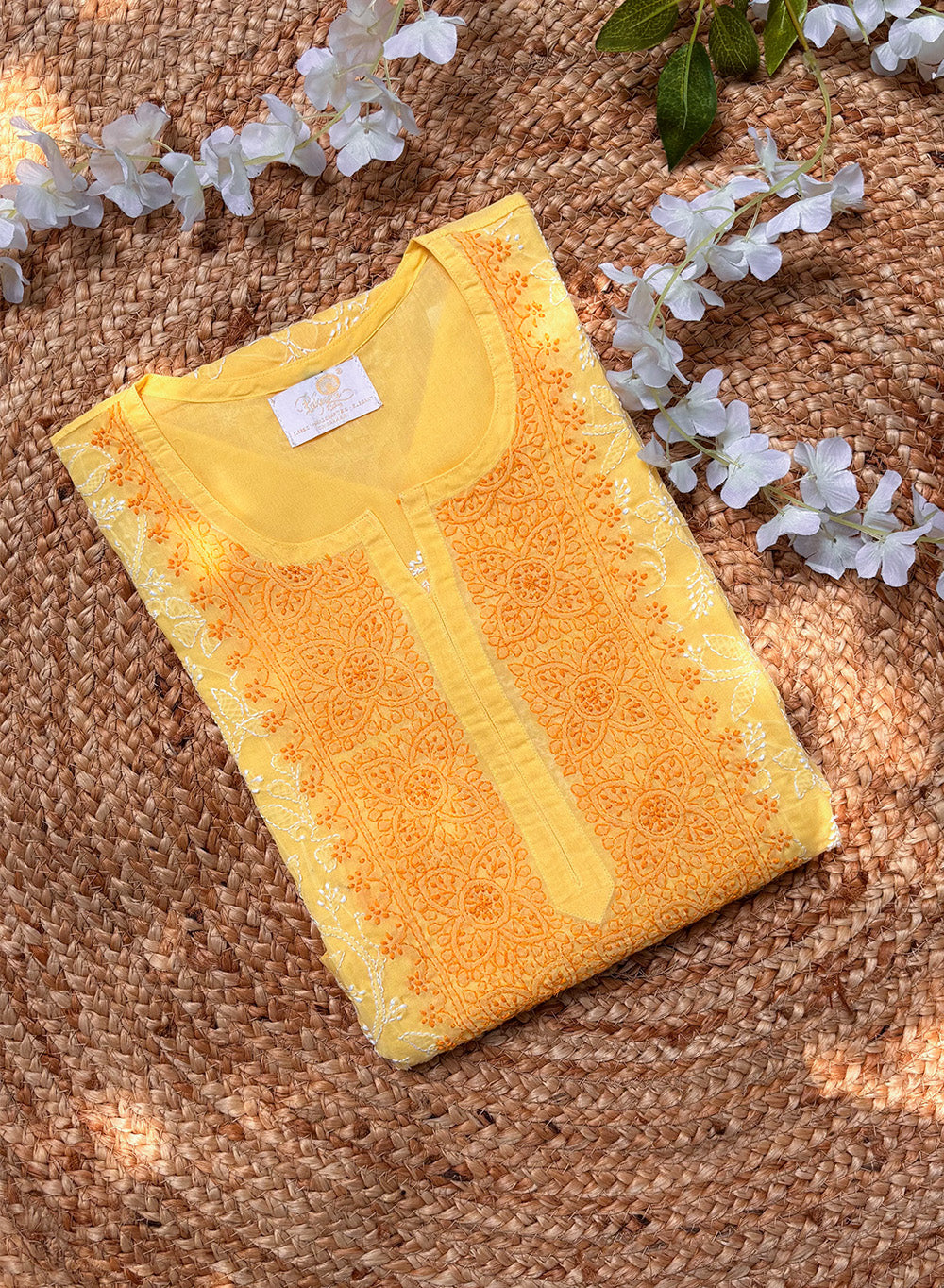 Yellow - Cotton Terry Voile Bahaar Chikankari Kurta