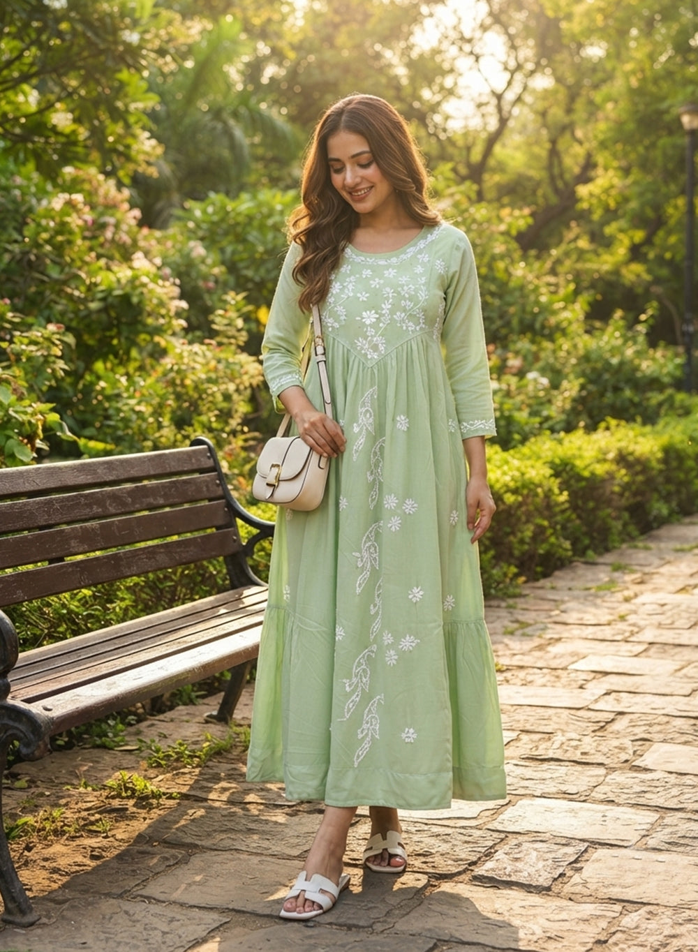 Saaz Sage Green - Aarzoo Rayon Hand Embroidered Chikankari One Piece Dress With Mukaish Work