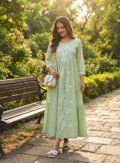 Saaz Sage Green - Aarzoo Rayon Hand Embroidered Chikankari One Piece Dress With Mukaish Work