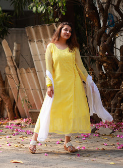 Sama Yellow - Hand-Embroidered Chikankari Kota Doria Angarakha