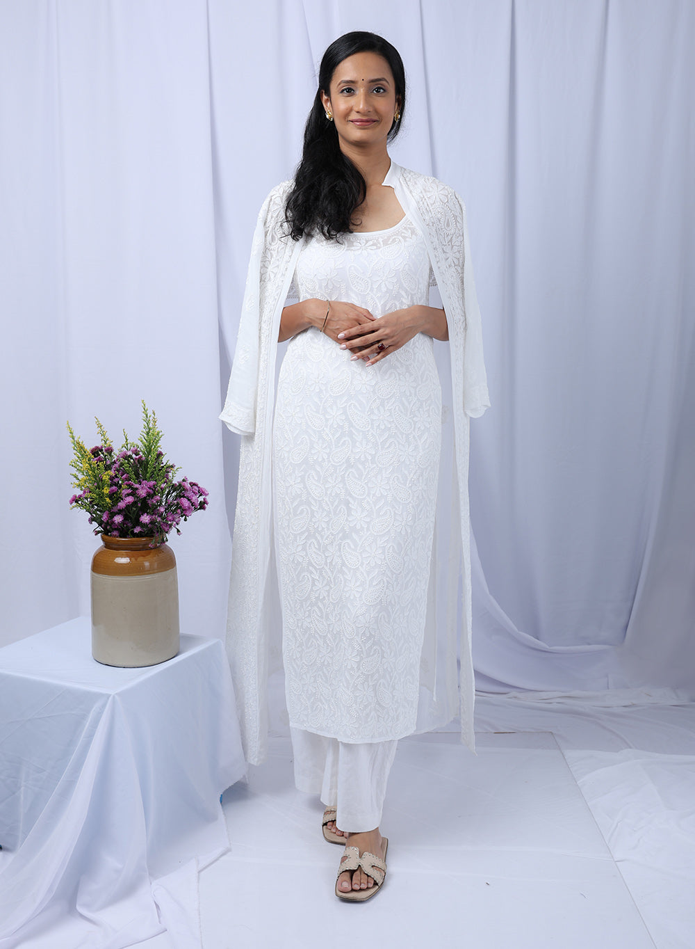 Noor White - Anjuman Viscose Noodle Strap Chikankari Kurta & Jacket