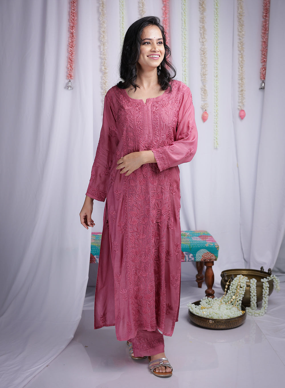 Saroj Onion Pink -  Muslin Nargis Chikankari Set