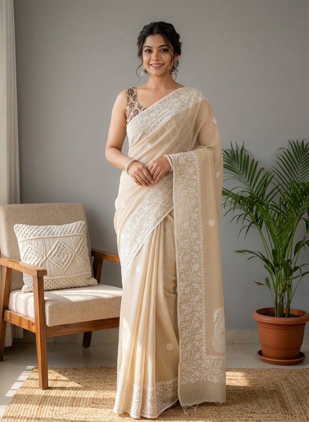 Aparajita Beige - Aks Kota Cotton Chikankari Saree