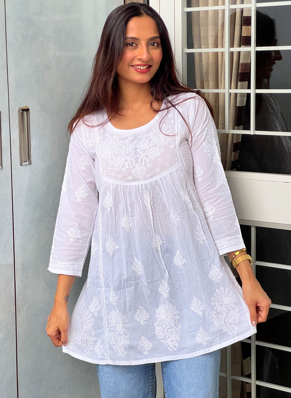 White - Resham Thread Gulshan Chikankari Short Top