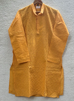 Mustard Front Jaal - Nawab Cotton Men Chikankari Long Kurta