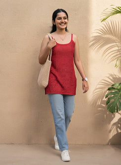 Noori Red - Muslin Noodle Strap Gulshan Chikankari Short Top