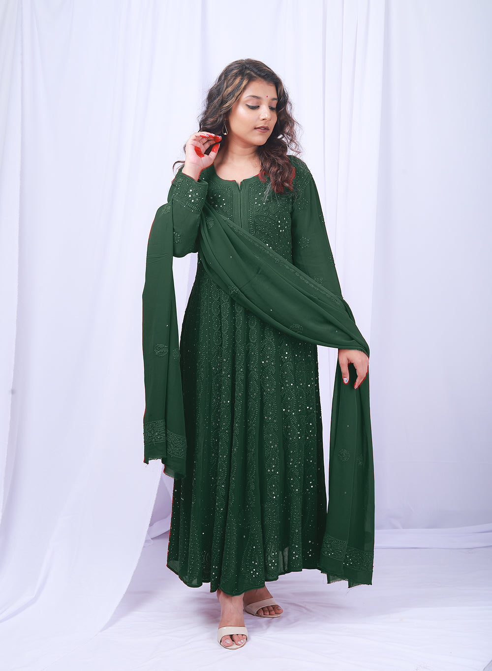 Ishq - Bottle Green Viscose Anarkali & Dupatta Chikankari Set