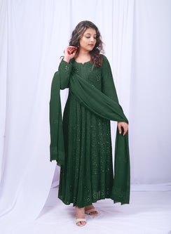 Ishq - Bottle Green Viscose Anarkali & Dupatta Chikankari Set