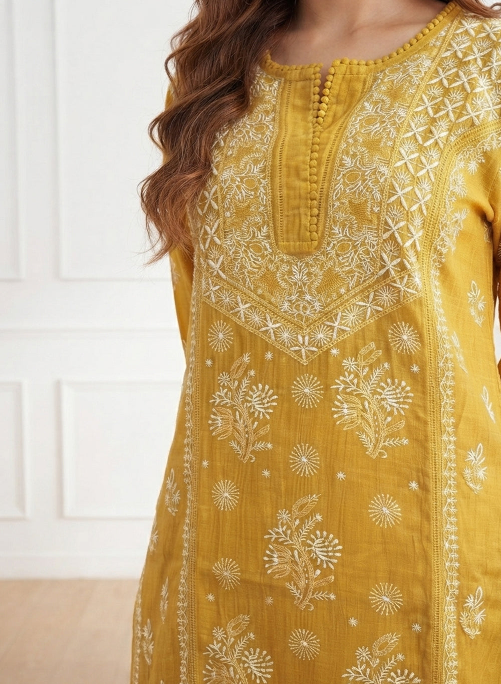 Khwaab Mustard - Bahaar Mul Chanderi Chikankari Kurta With Jaali Work