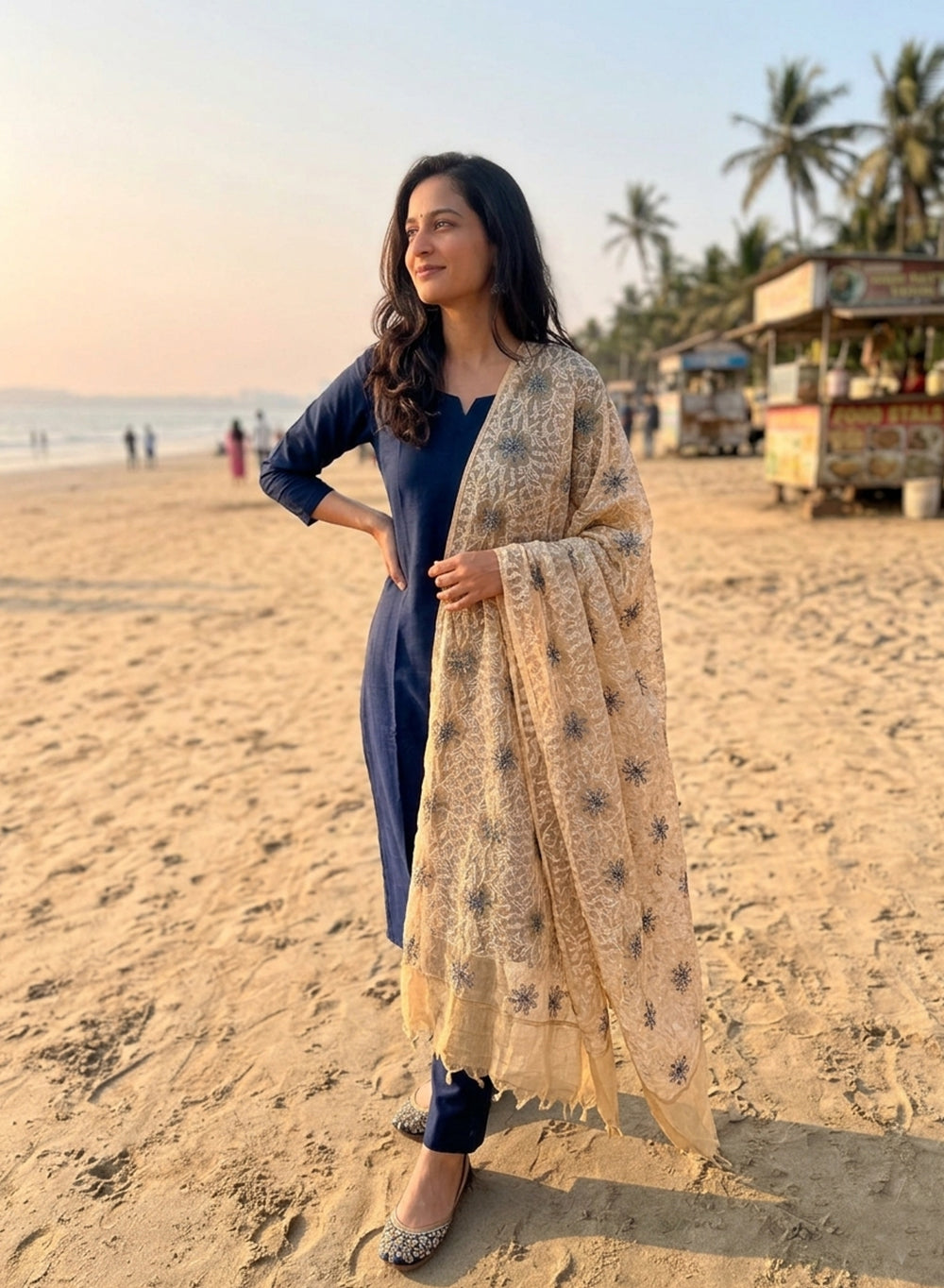 Beige - Nazm Kota Cotton Chikankari Dupatta With Gray Thread Embroidery