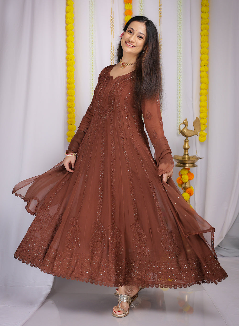 Ibadat Coffee - Viscose Anarkali & Dupatta Nargis Chikankari Set