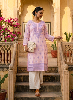 Baby Pink With Blue Thread Work -  Bahaar Cotton Terry Voile Chikankari Kurta