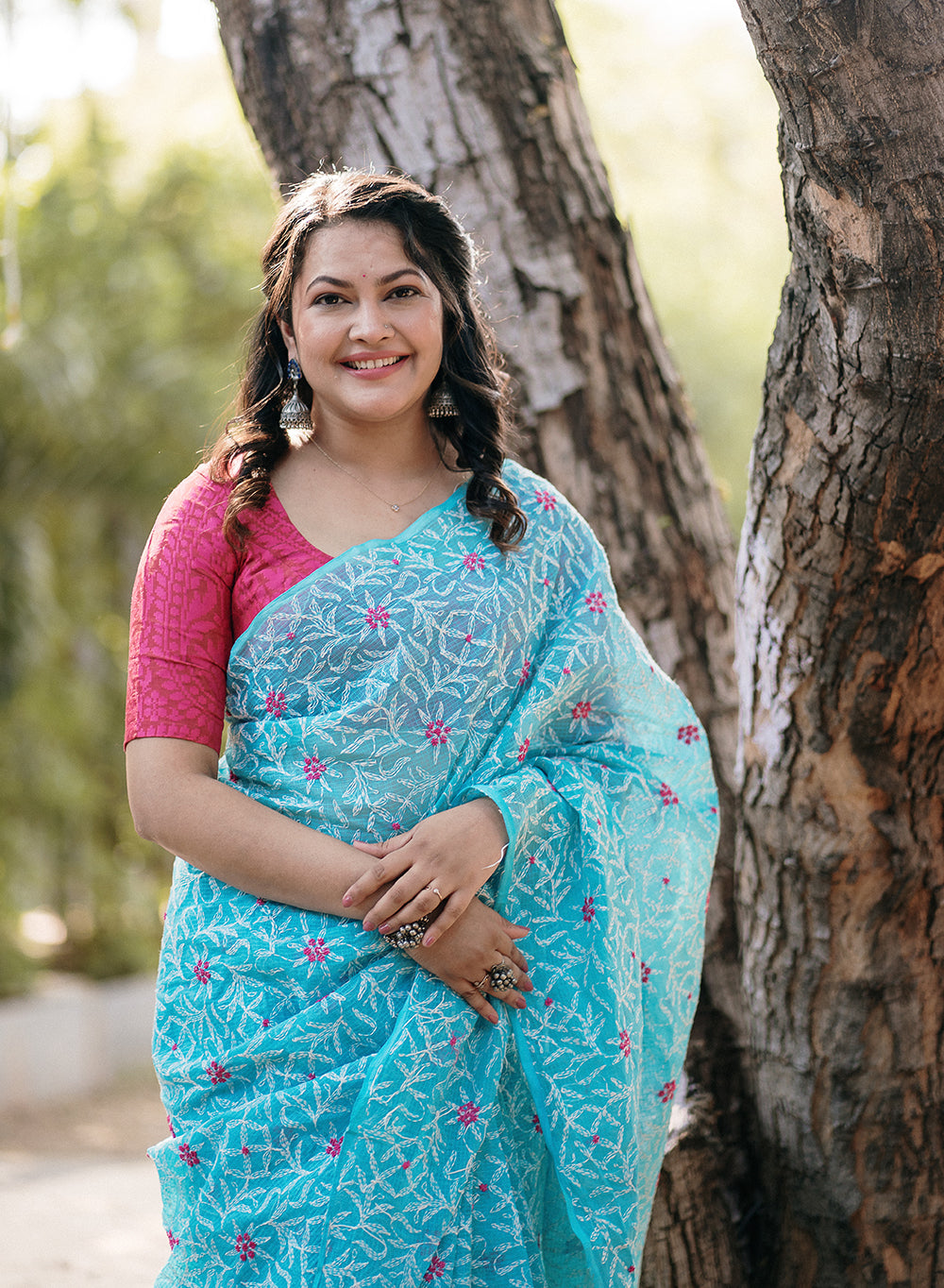 Guncha Sky Blue & Pink - Dual Thread Aks Cotton Tepchi Chikankari Saree