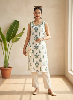 Pratha - Green & Blue Bahaar Printed Cotton Chikankari Kurta
