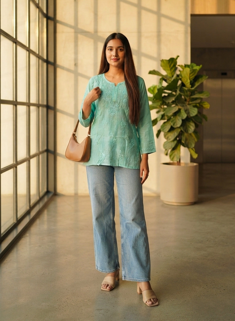 Alia Turquoise - Gulshan Muslin Chikankari Short Top