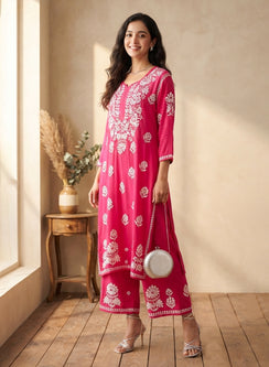 Hot Pink - Modal Nargis Chikankari Co-ords Set With White Thread Embroidery