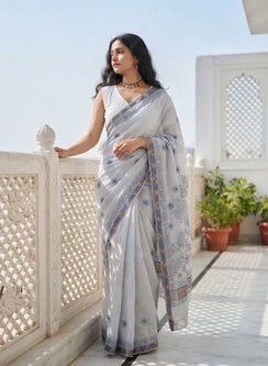 Slate Blue Cotton Chanderi - Aks Hand Embroidered Chikankari Saree