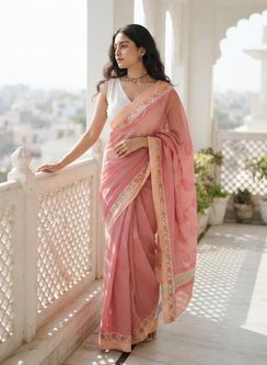 Carrot Pink Kota Chanderi - Aks Hand Embroidered Chikankari Saree