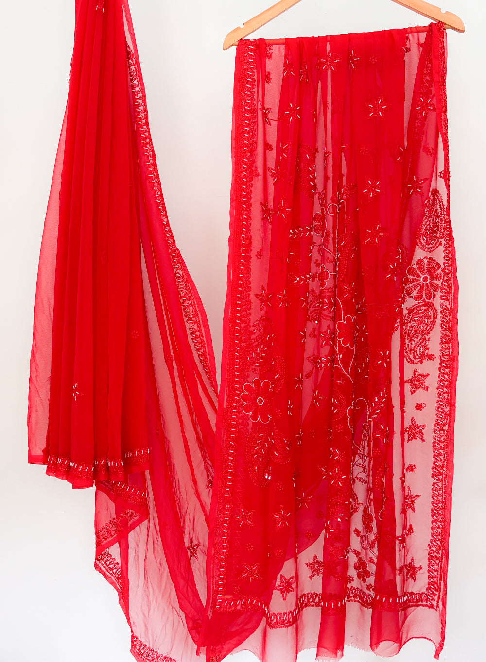 Red Katdana - Aks Georgette Chikankari Saree
