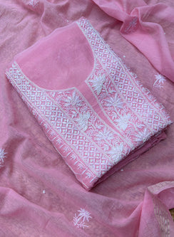 Baby Pink - Nayaab Mul Chanderi Chikankari Dress Material With Moti & Katdana Work
