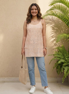 Noori Beige - Muslin Noodle Strap Gulshan Chikankari Short Top