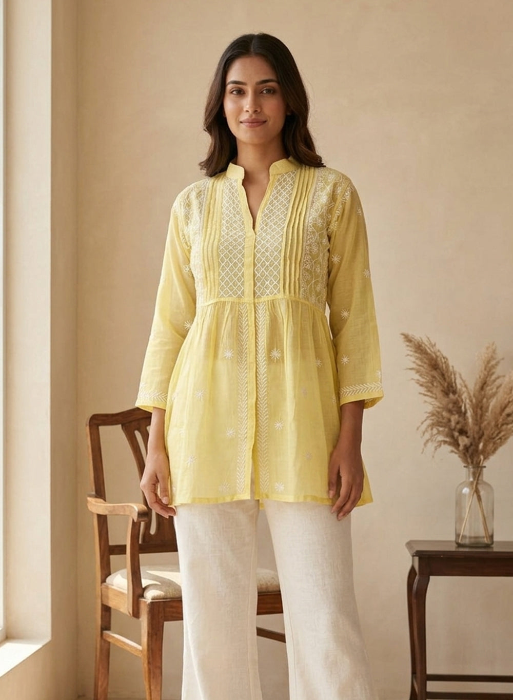 Lime - Gulshan Mul Chanderi Chikankari Short Top