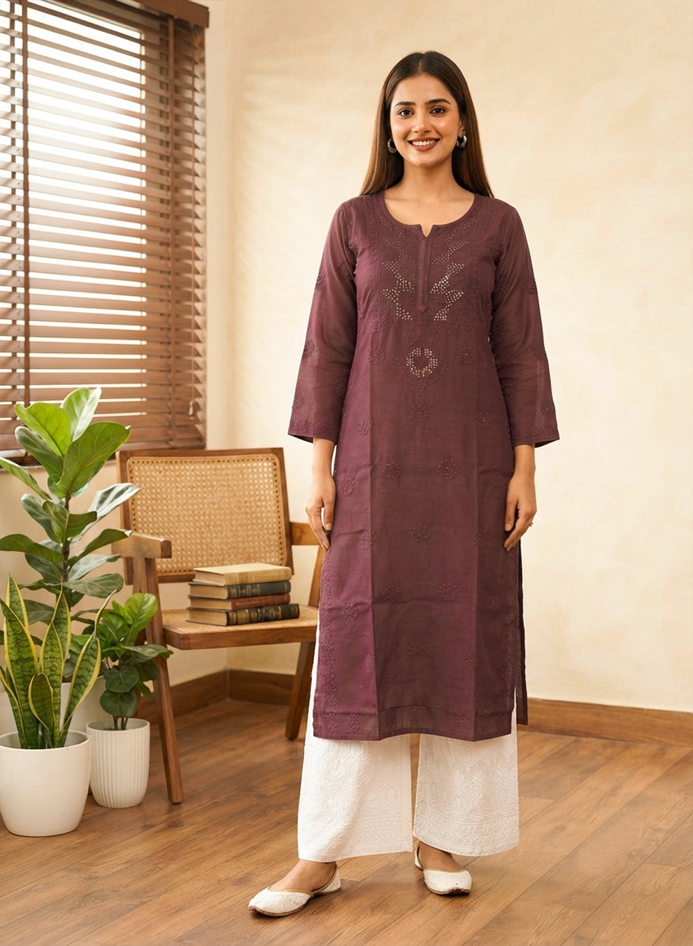 Swara Dark Brown - Anjuman Chanderi Cotton Chikankari Kurta