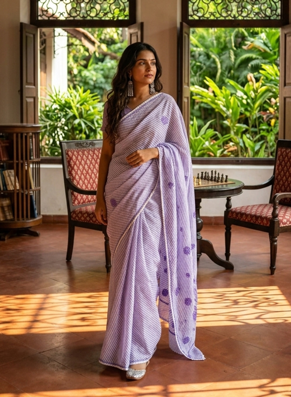 Lilac Lehariya - Kota Aks Cotton Chikankari Saree