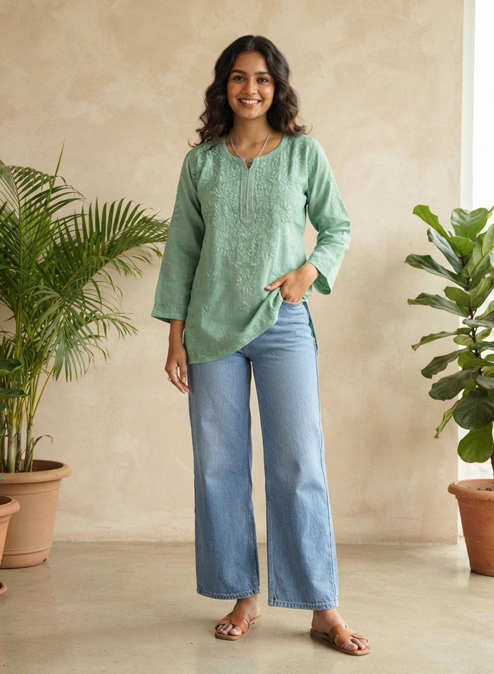 Sage Green - Gulshan Linen Cotton Double Layered Chikankari Short Top