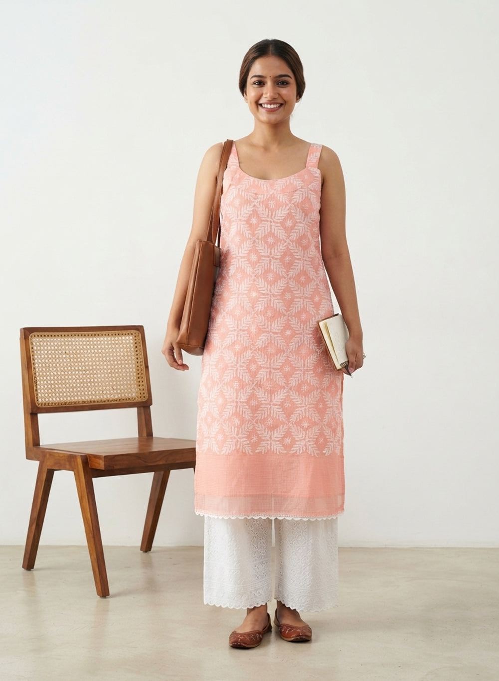 Surbhi Coral - Kota Tepchi Bahaar Noodle Strap Chikankari Kurta