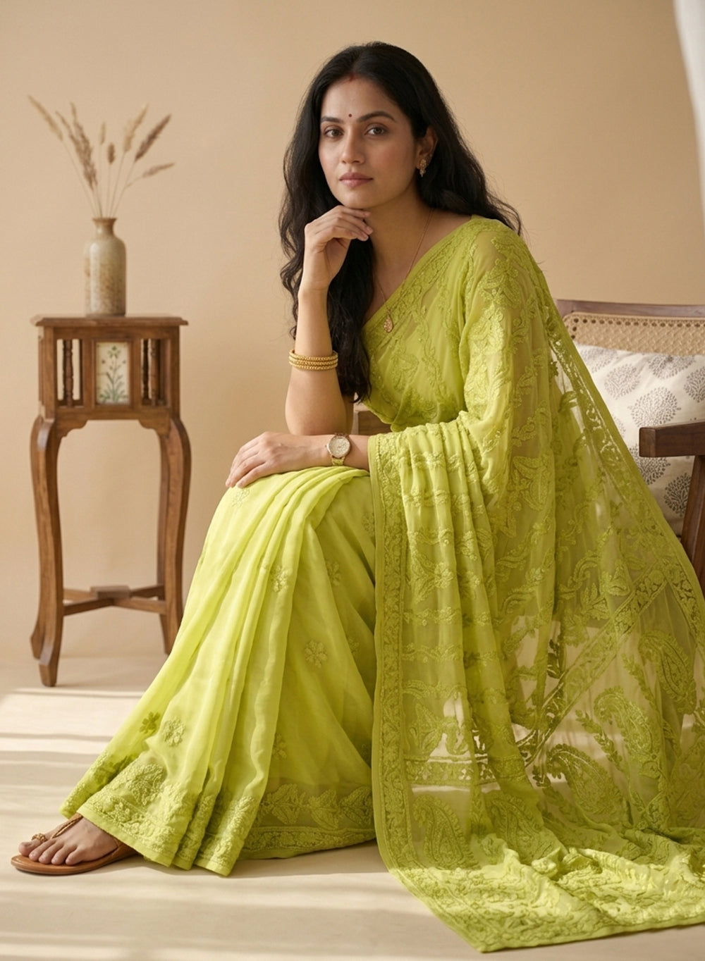 Olive Green Self Thread - Aks Georgette Chikankari Saree