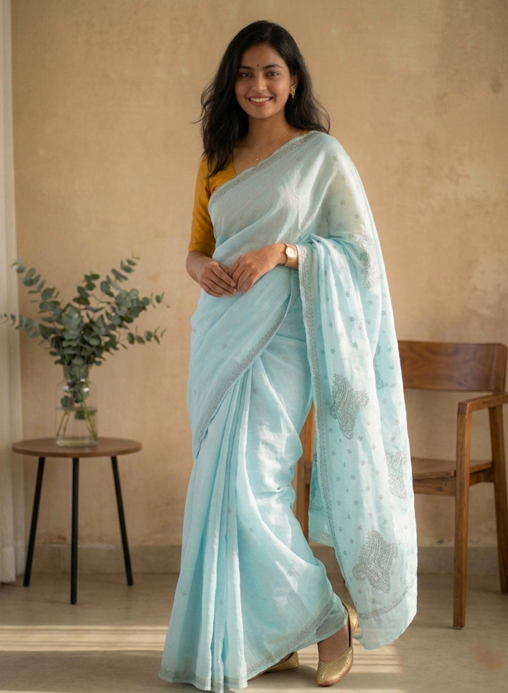 Powder Blue - Aks Cotton Terry Voile Self Thread Embroidered Chikankari Saree