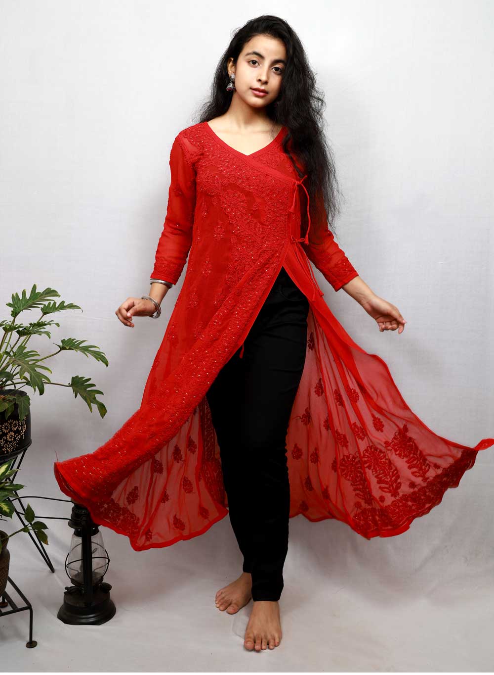 Red Mukaish - Anjuman Georgette Chikankari Angarakha