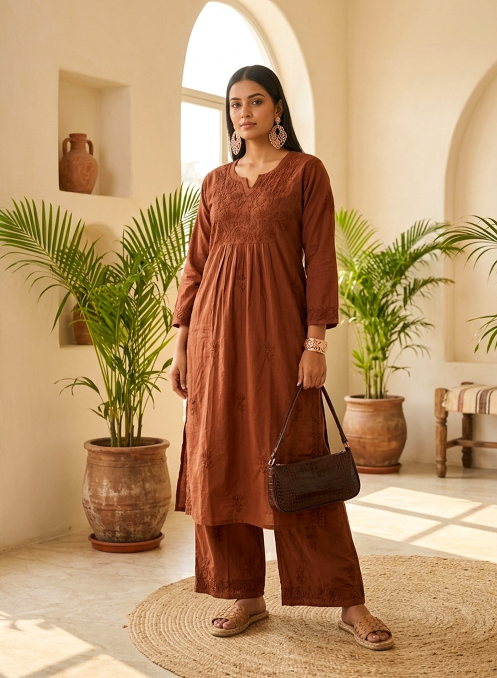 Saroj Lite – Brown Mul Cotton Chikankari Kurta & Palazzo Set