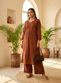 Saroj Lite – Brown Mul Cotton Chikankari Kurta & Palazzo Set