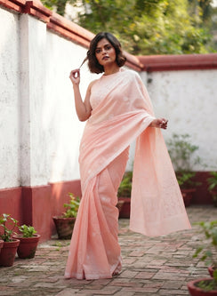 Peach - Cotton Terry Voile Aks Chikankari Saree