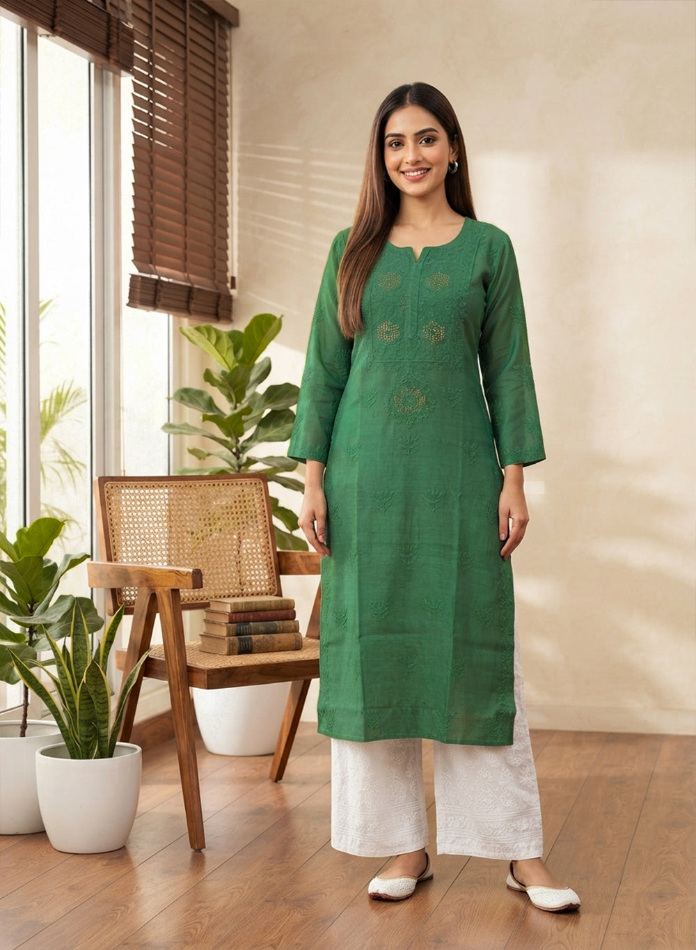 Swara Green - Anjuman Chanderi Cotton Chikankari Kurta